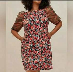 Torrid Mini Scuba Crepe And Organza High Neck Puff Sleeve Dress